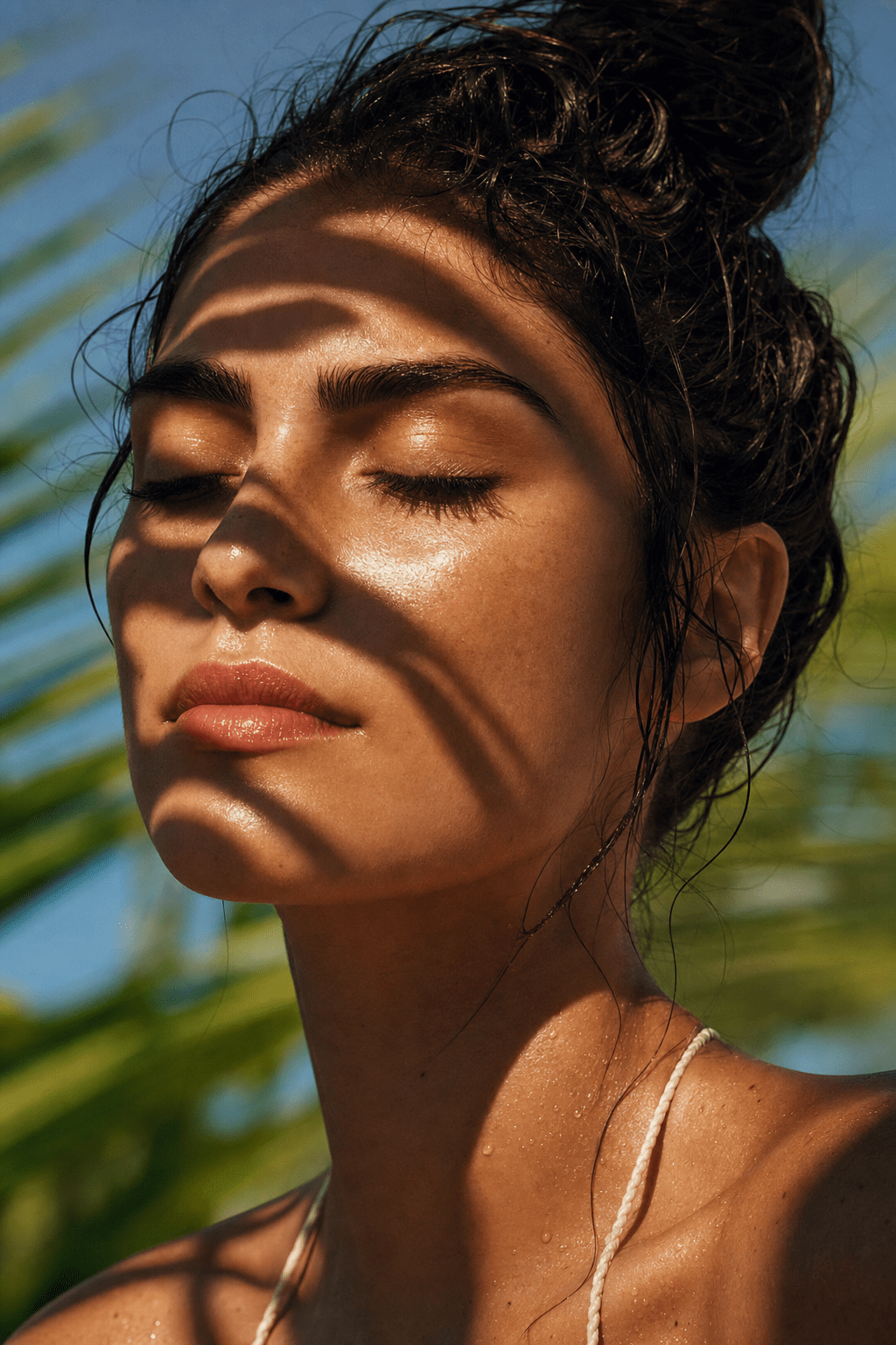 Glowing skin in Florida sunlight under palm shadow