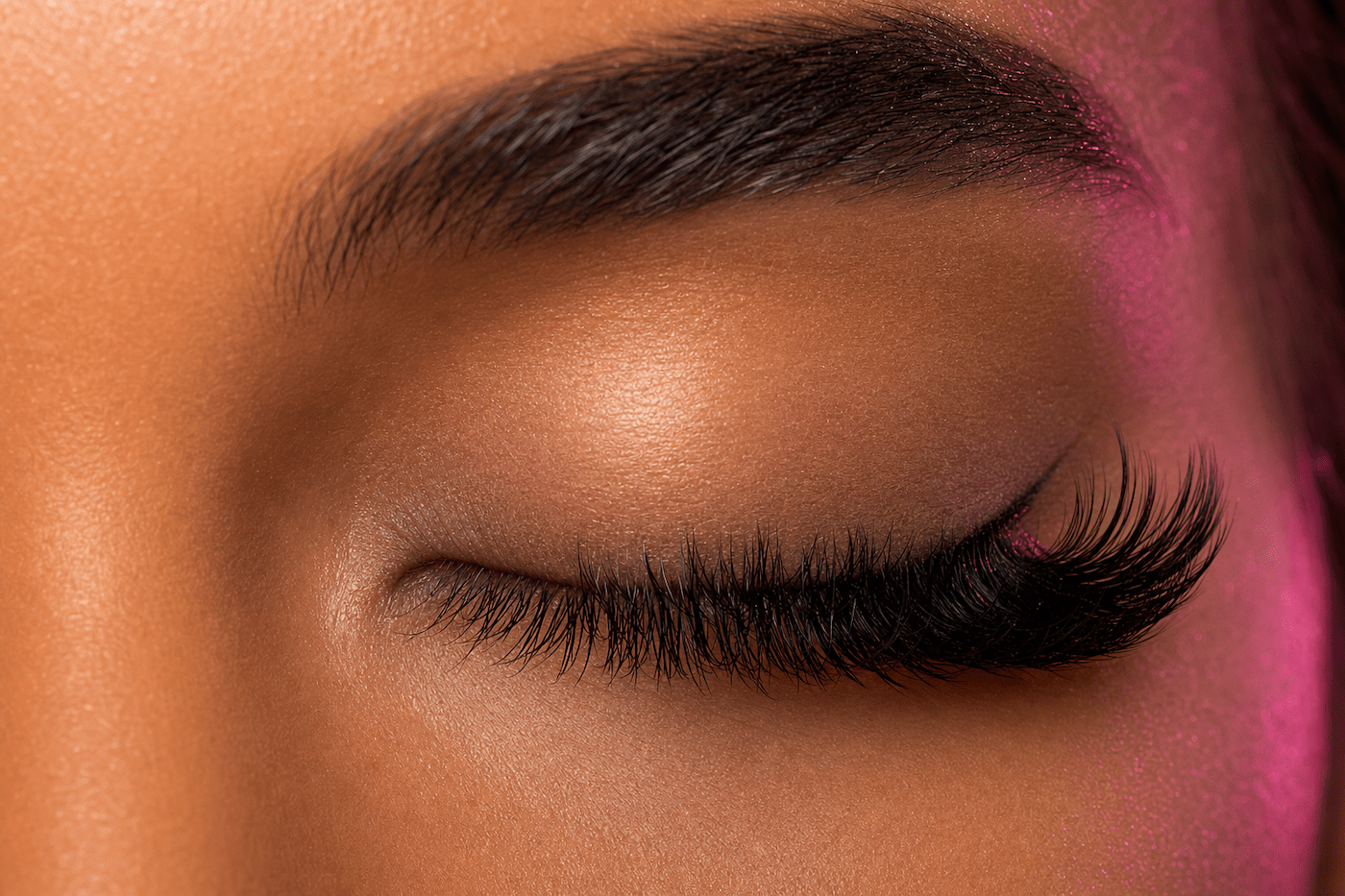 Beautiful eye with full lash extensions in soft pink lighting