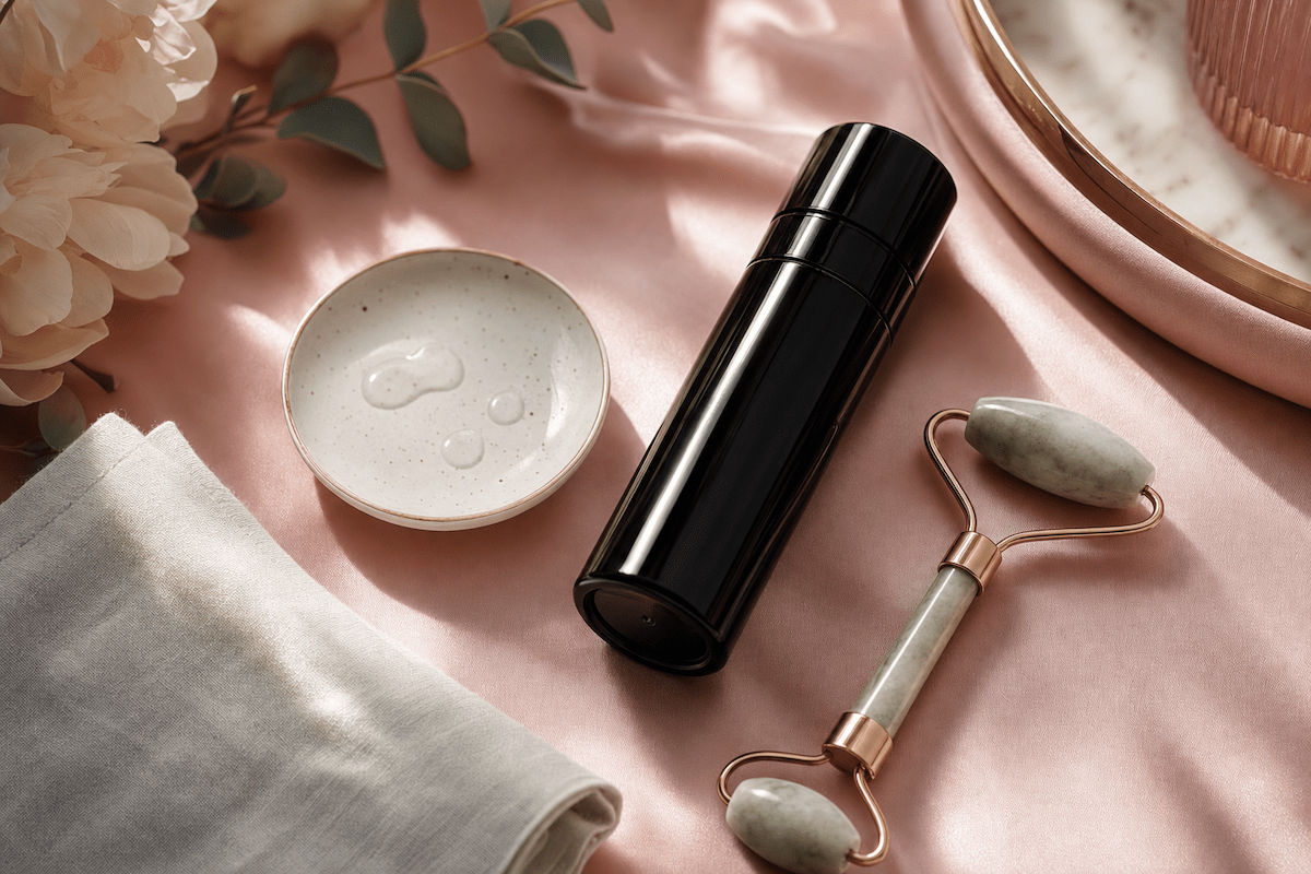 Skincare prep flat lay — serum, jade roller, clean linen